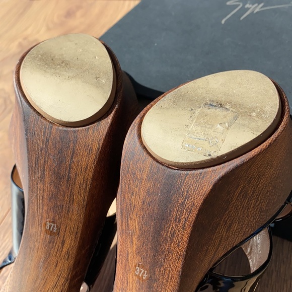 Giuseppe Zanotti Sling Back Vernice Black Patent Leather Wood Sandal Size 37.5 - Picture 10 of 11